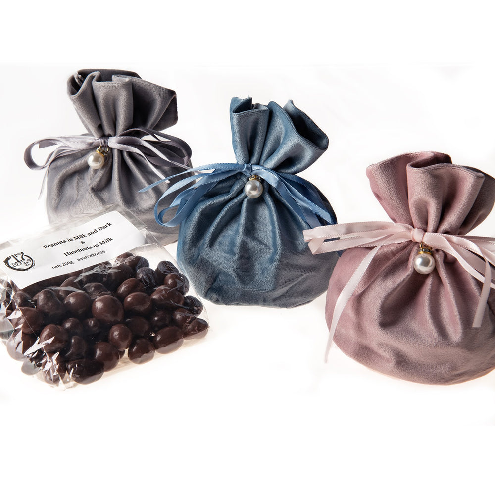 Velvet Gift Bag with mixed chocolate coated hazelnuts & peanuts - 17 Rocks Ethically Produced Chocolate